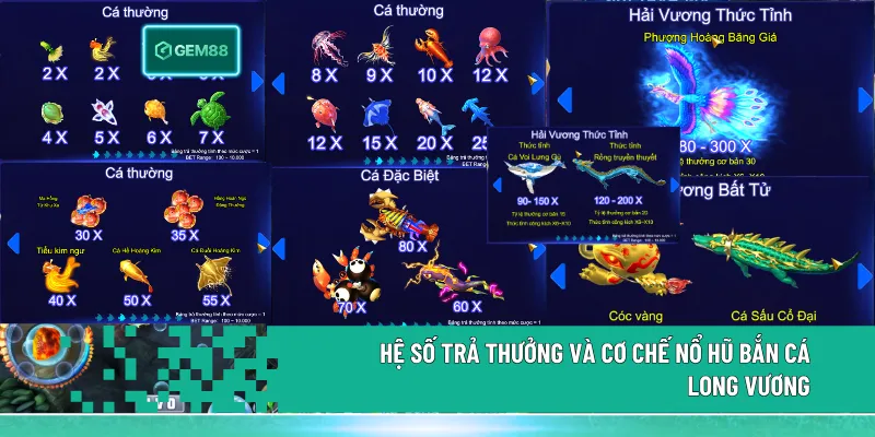 Bắn Cá Long Vương – Săn Boss Khủng Và Nhận Thưởng Lớn Tại Gem88 3 Hệ số thưởng bắn cá Long Vương đa dạng từ cá thường đến Boss, kết hợp cơ chế nổ hũ Jackpot mang lại cơ hội nhận thưởng lớn