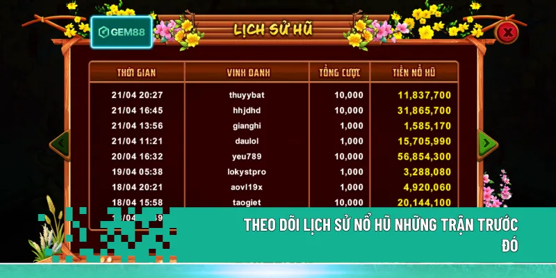 Bảng lịch sử nổ hũ hiển thị các lần trúng thưởng trước đó, giúp tham khảo thời điểm chơi và theo dõi xu hướng